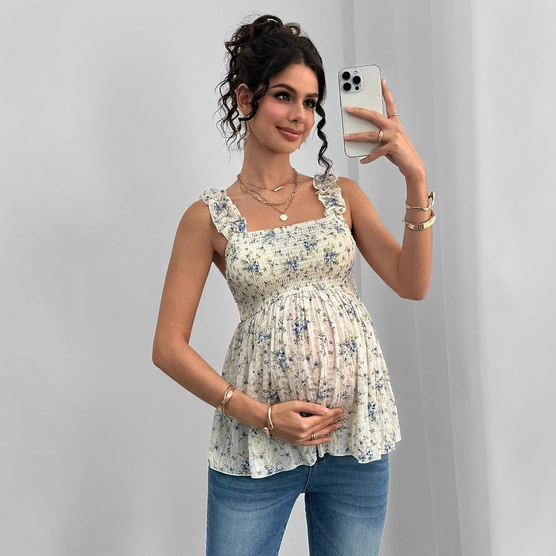 

Платье для беременных, одежда для беременных, весенне-летний топ-бралетт с принтом, квадратный вырез, А-силуэт, с закрытой спинкой