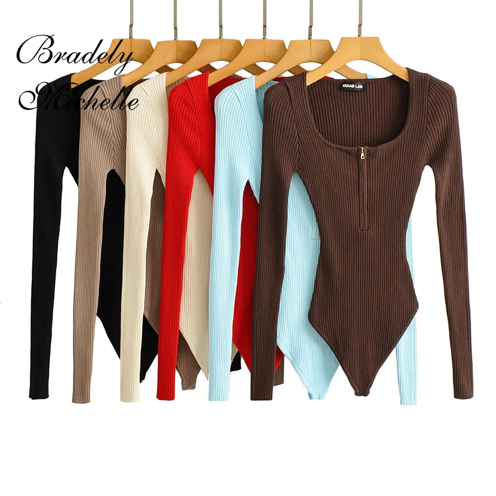 Women's Slim Double Skinny Square Neck Half Zip Long Sleeve Siamp Top Jumpsuit Solid Pullover Bodysuit Knitted Jumpsuit