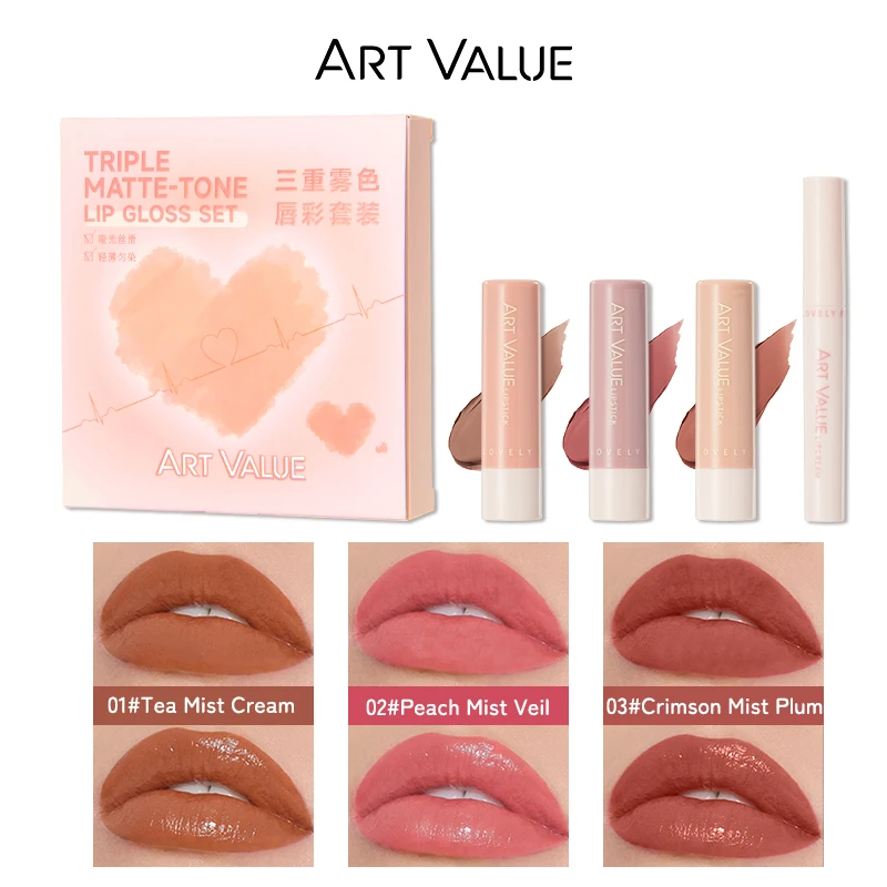 ART VALUE Multipurpose Lip Makeup Sets Include 3 Colors Velvet Matte Liquid Lipstick And 1 Lip Oil Balm Korean Cosmetics Kits