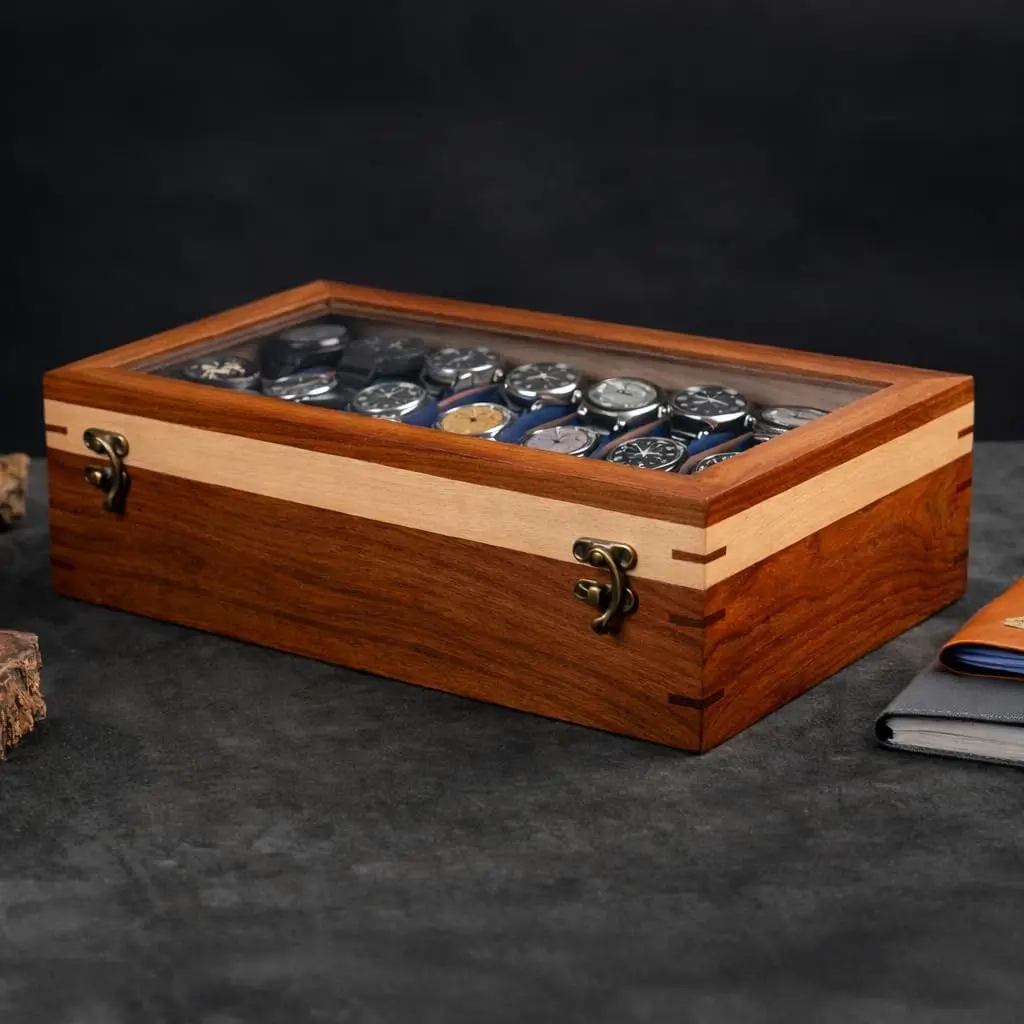 Solid Wood Watch Box with 12 Slots, Handmade Rosewood Case for Men's Watches, Travel Organizer