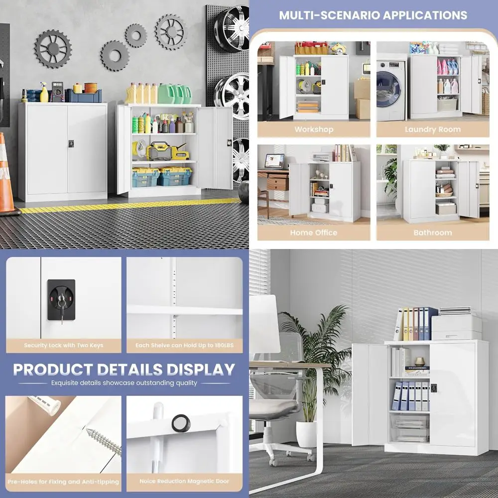 

36-Inch White Steel Lockable Storage Cabinet with Adjustable Shelves for Garage, Office, Home, and School