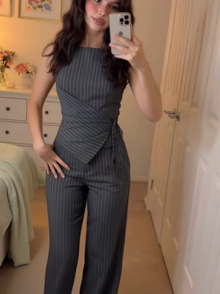 Chic Women Elegant Dark Blue Pinstripe Two Piece Set Sleeveless Wrap Waist Tie Top Loose Leg Pants Casual Office Daily Outfit