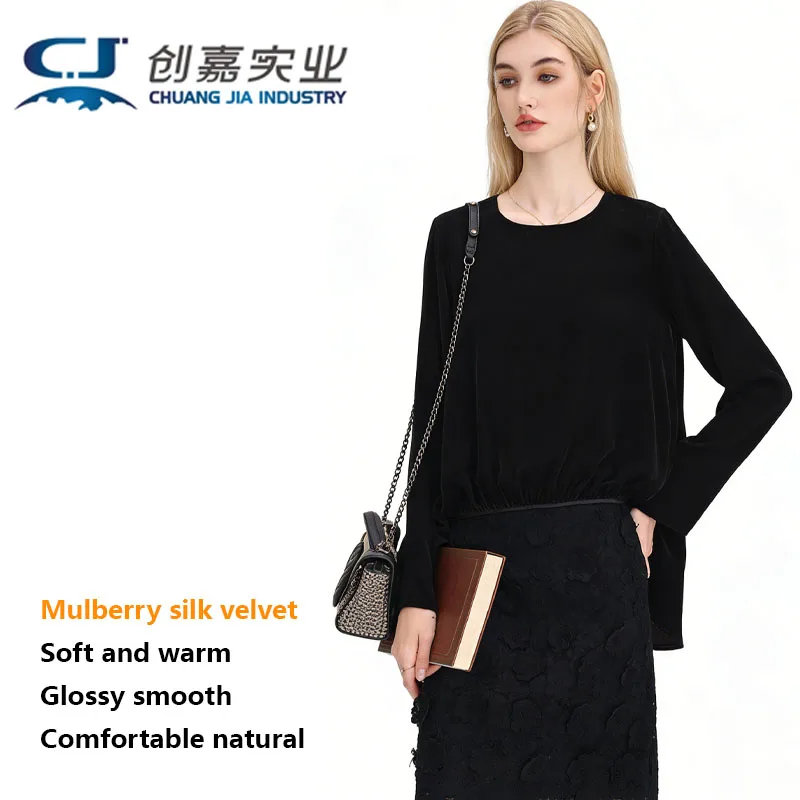 

Шелковая бархатная футболка с длинным рукавом, оригинальный дизайн, винно-красный цвет, круглый вырез, джемпер для улицы, повседневный, расслабленный, легкий, роскошный топ