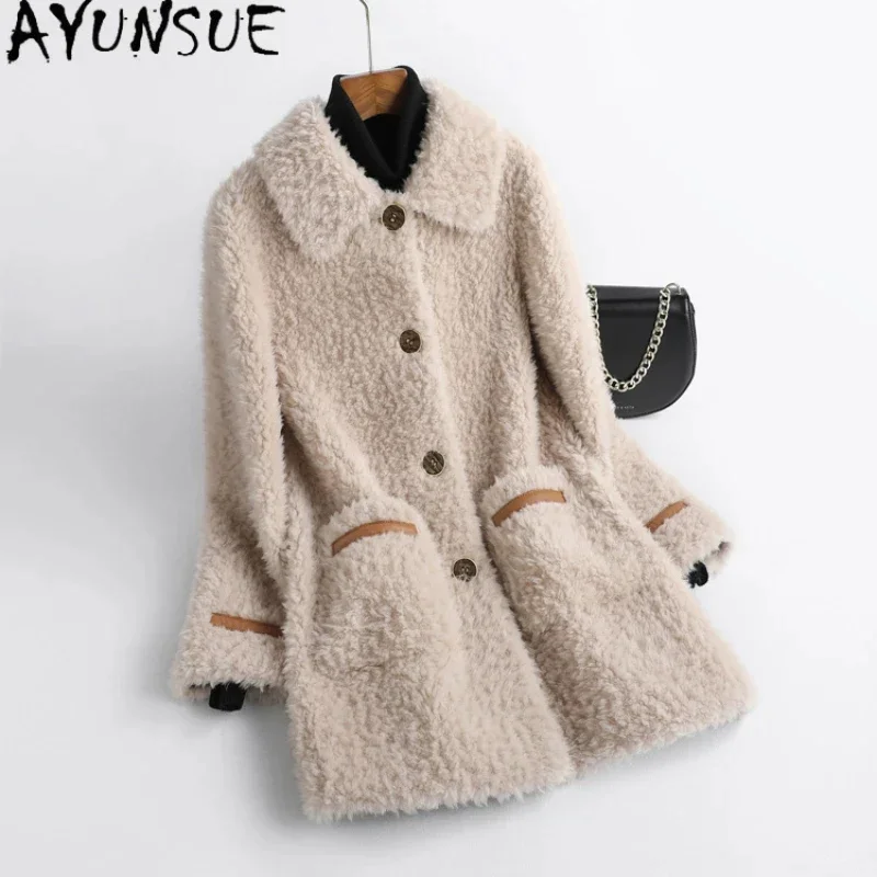 

100% AYUNSUE Wool Coats for Women 2024 Fall Winter Elegant Sheep Shearing Jacket Casual Single-breasted Fur Coat New Chaquetas