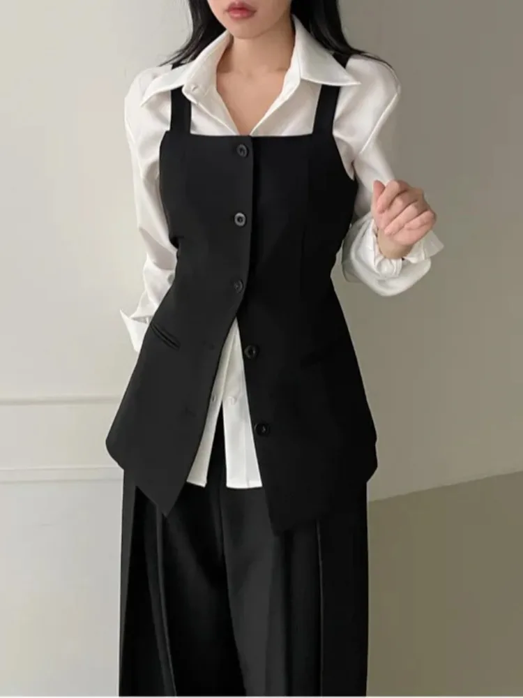 Ele Basic Long Sve irt Dames Vroege lente High Sense Taille Cinching Afslanken Svel Vest Tweedelige set