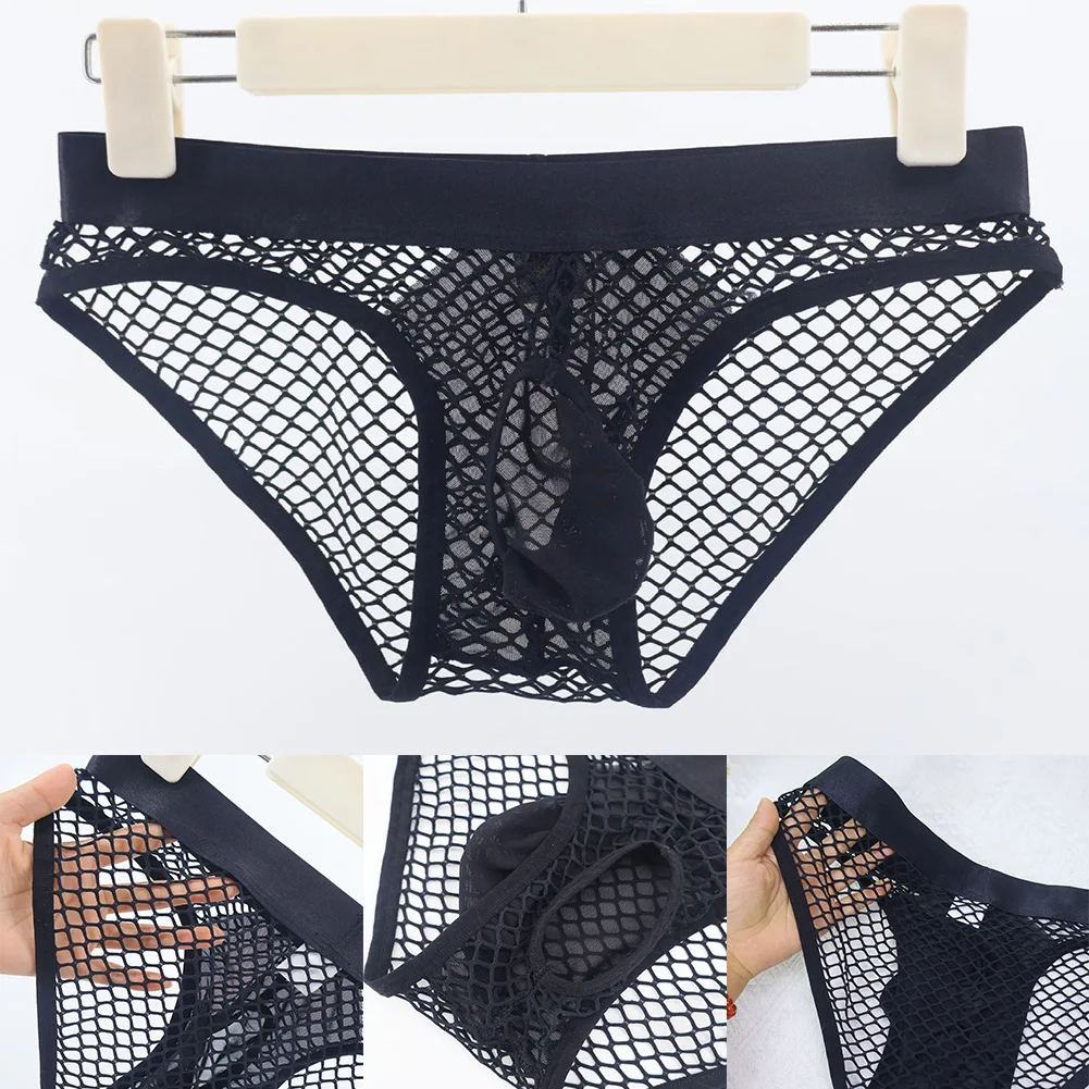 

Men Lingerie Sexy Hollow Out Fishnet Mesh Briefs Bikini See Through Big Bulge Pouch Underwear Sissy Underpants