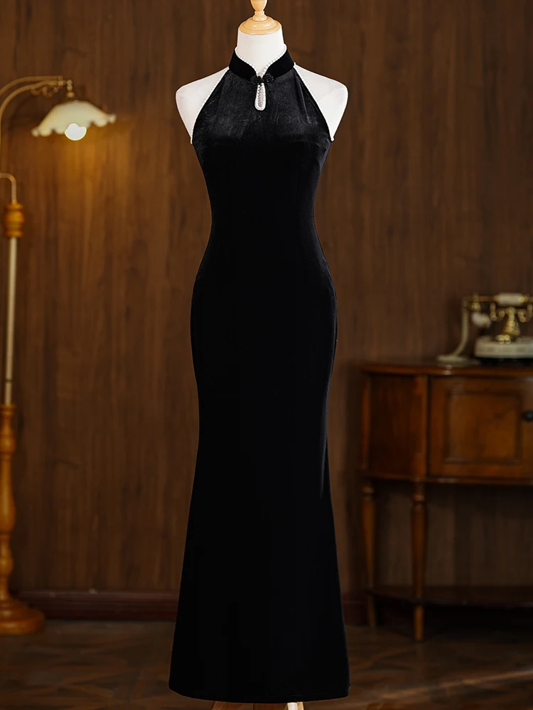 

Элегантное ретро-платье-ципао черного цвета с эффектом «рыбий хвост» для молодых женщин, обновленная модель для новогодних торжеств