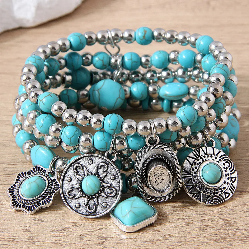 Ethnic 5pcs/Set Artificial Turquoise Stone Bracelets Set Multilayer Elastic Bracelets Jewelry Set Gifts Holiday Accessories