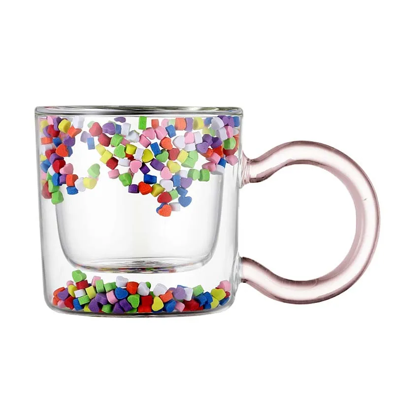 Taza de arena movediza en forma de corazón Multicolor, taza de café transparente de doble capa creativa, taza de té con leche y agua