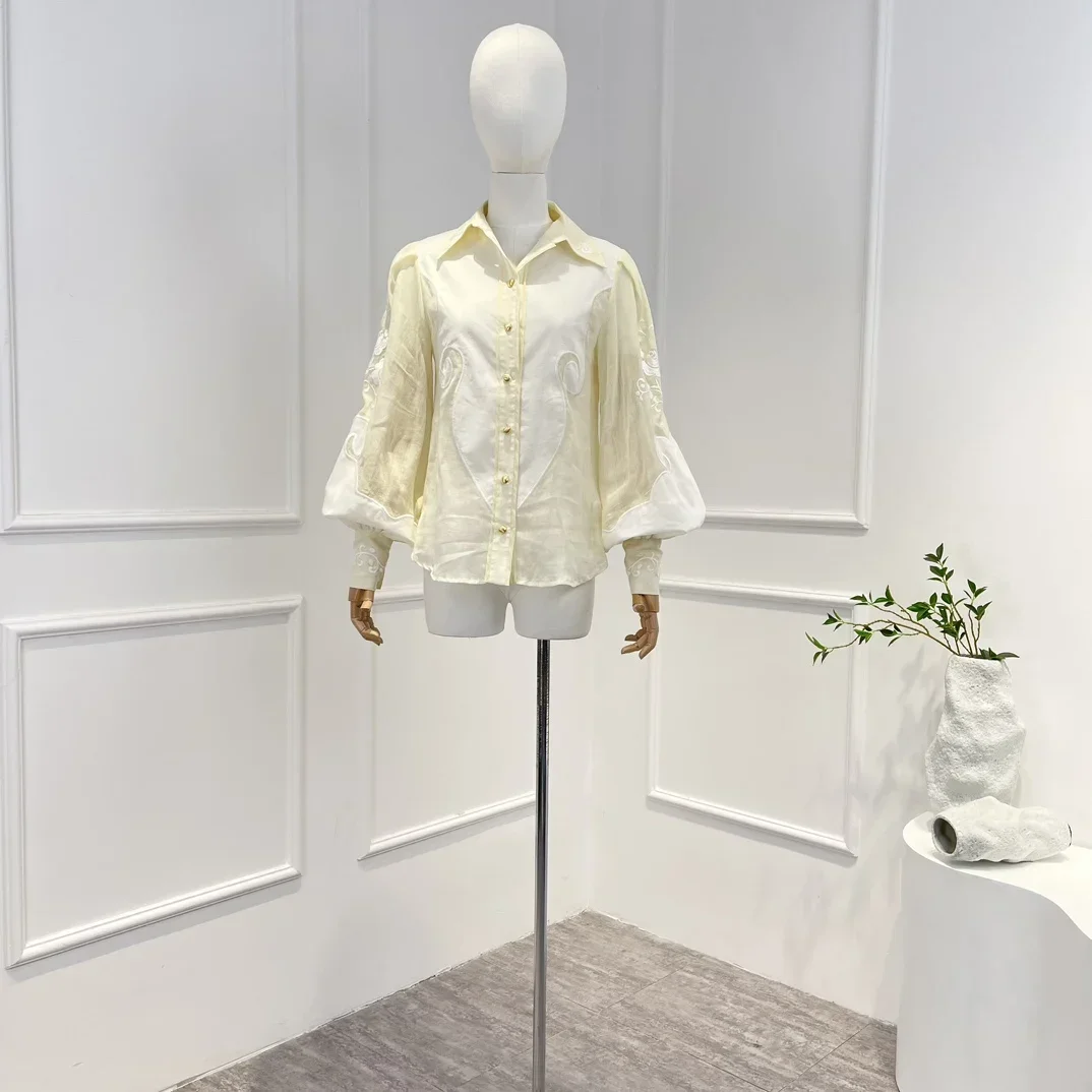 Vintage High Quality Spring Summer 2023 white Floral Emboridery Patchwork Long Lantern Sleeve Yellow Blouse