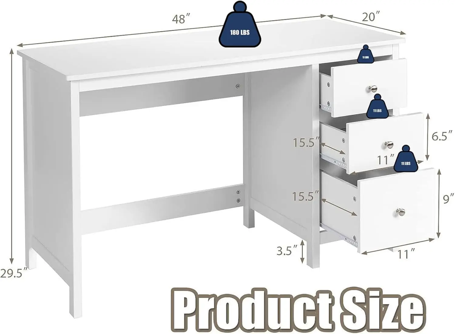 POWERSTONE-Bureau d'ordinateur moderne, bureau à domicile, bureau d'étude, table d'écriture, poste de travail informatique, blanc, 3 portes d'entrée de proximité, 48 pouces