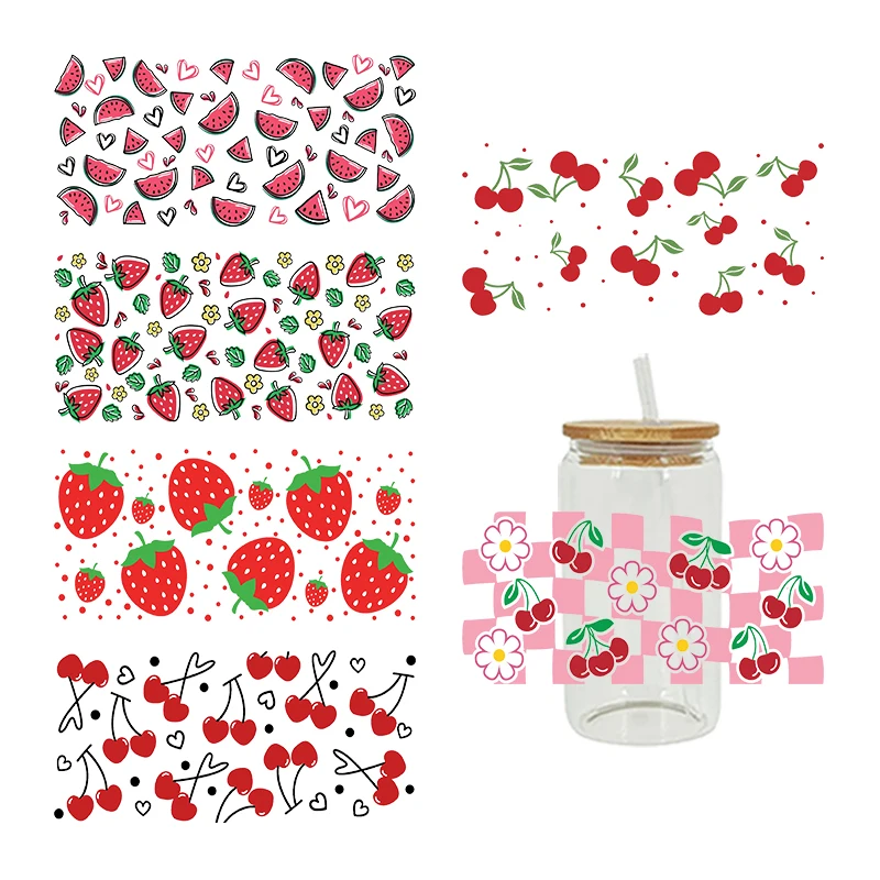 UV DTF Fruit Watermelon Lemon Strawberry Cherry Peach Printed Sticker For The 16oz Libbey Can Glasses Wraps Bottles Cup  D8370