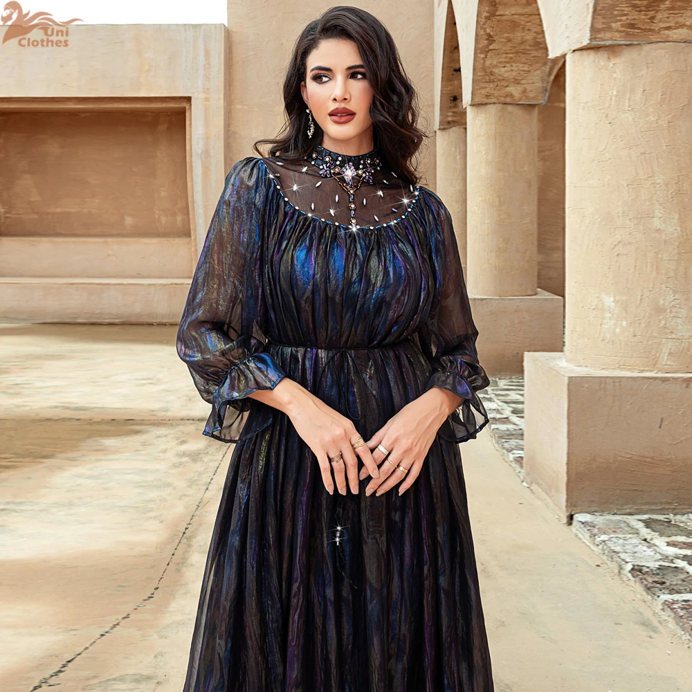 Dubai Shiny Diamonds Abaya Women Muslim Dress Voile High Neck Turkey Long Sleeve Kaftan Caftan Femme Vestidos Robe Evening Gown