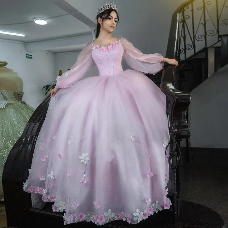 

Attractive Quinceanera Dress for 15 year with Appliques Pearl Puff Sleeves Pleat Tulle Vestidos De 15 Anos Peraonalised