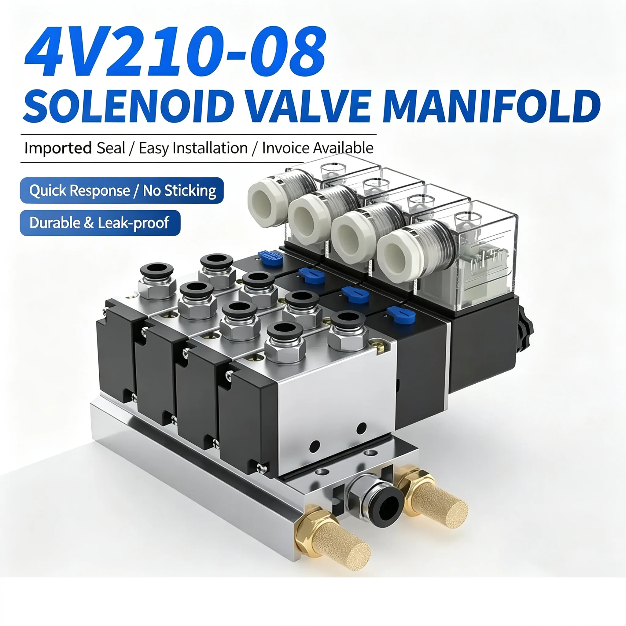 4V210-08 Pneumatic Solenoid Valve Block12/24V DC 110/220V AC Multi Option With Muffler Fitting Base Manifold 2/3/4/5/6/8/10 Way