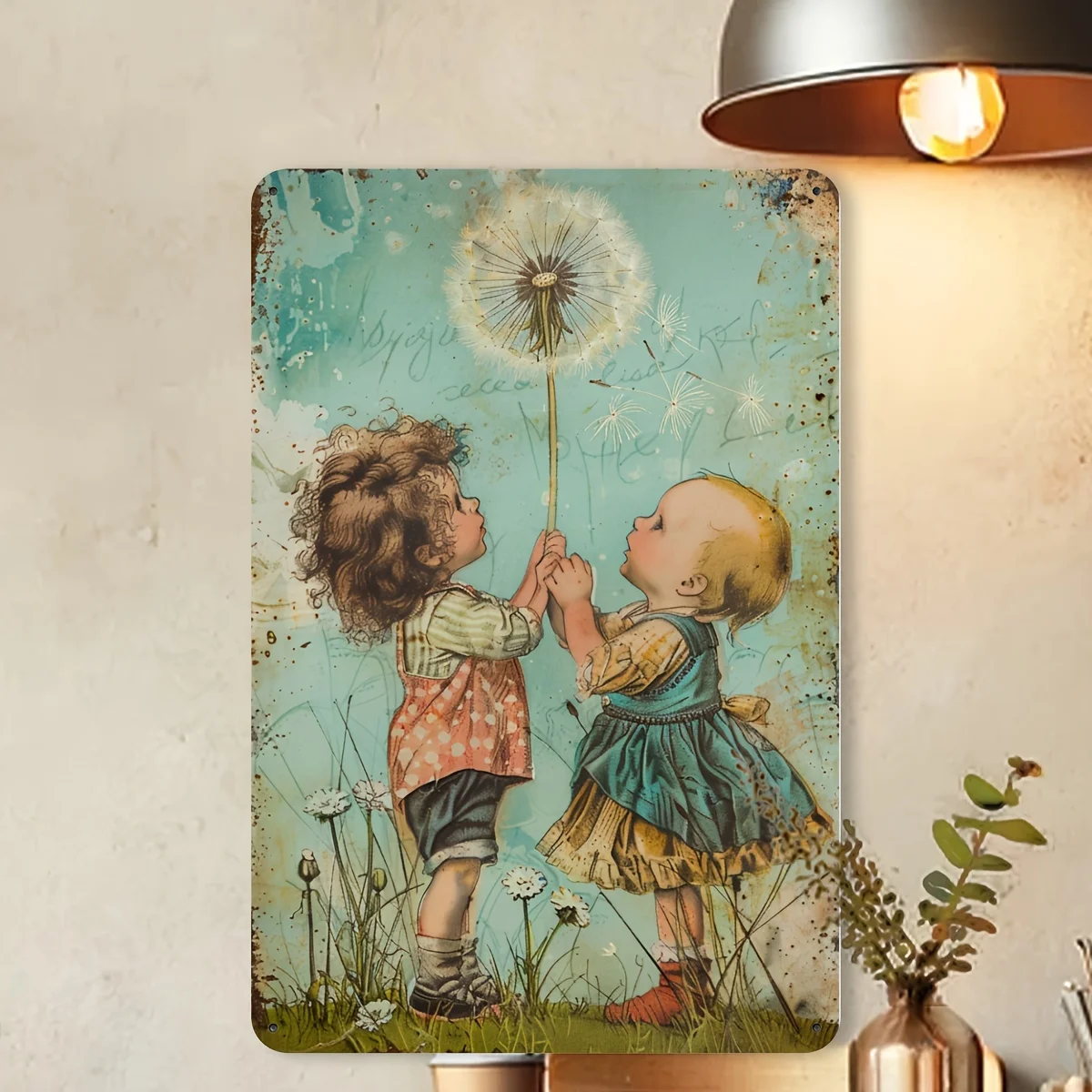 A Vintage Metal Sign Featuring Children And Dandelions, Suitable for Indoor And Outdoor Decoration. It Can Be Hung As Wall Art