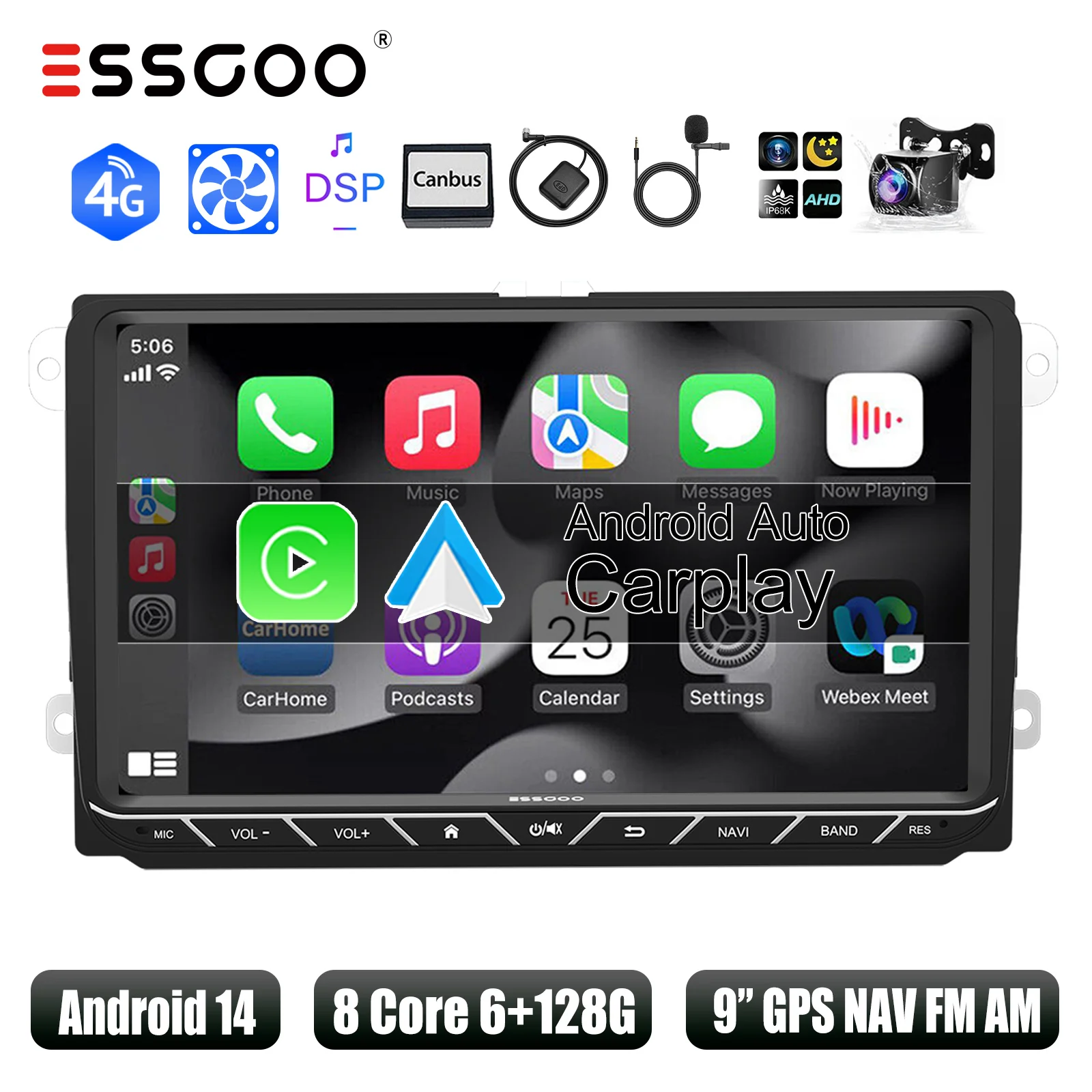 ESSGOO Autoradio 9" Android 14 6+128GB 8-core met Wireless Carplay voor VW Golf 5 6 Passat Polo Touran Tiguan Jetta, Android Auto, 4G DSP, GPS Navigatie, WiFi, FM/AM/RDS