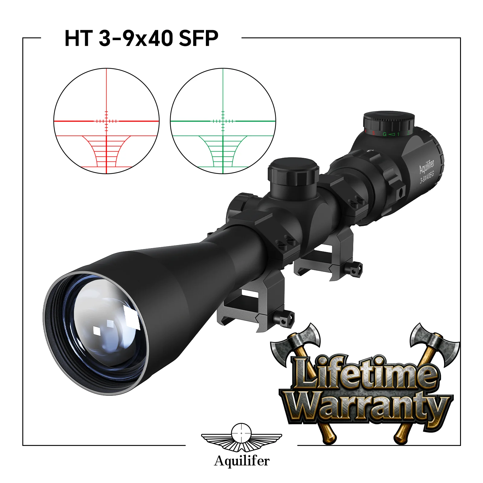 

Aquilifer 3-9x40 Rifle Scope Optical 22LR Rimfire AR15 Hunting Optics Red Green Illuminated Waterproof with Picatinny Rings