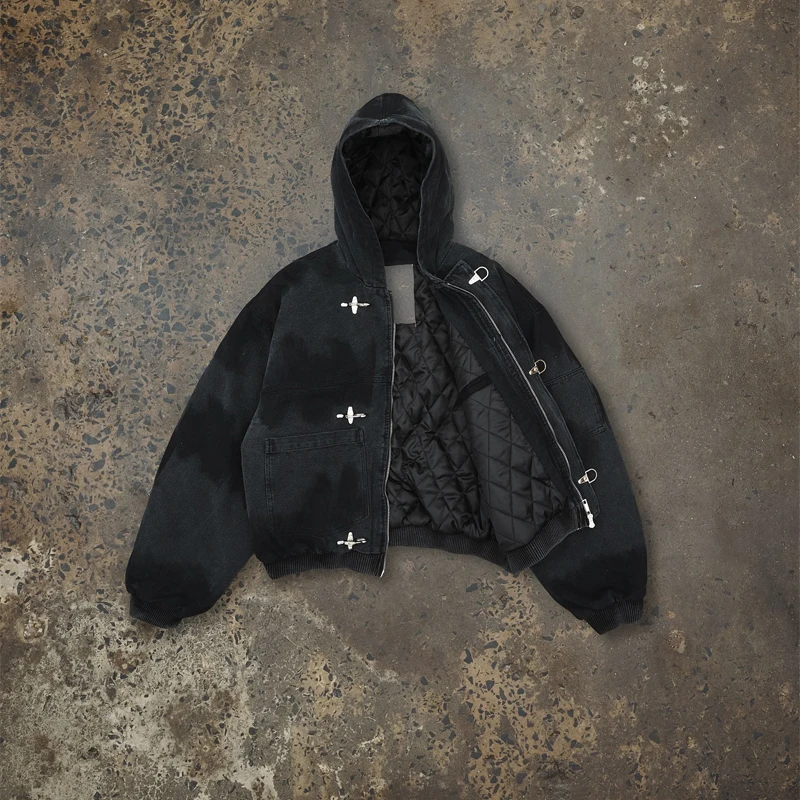 

Chic Metal Buckle Denim Hooded Jacket For Women Long Sleeve Tie Dye Hoodie Coat Loose Casual Outwears 2025 New Lady Streetwears