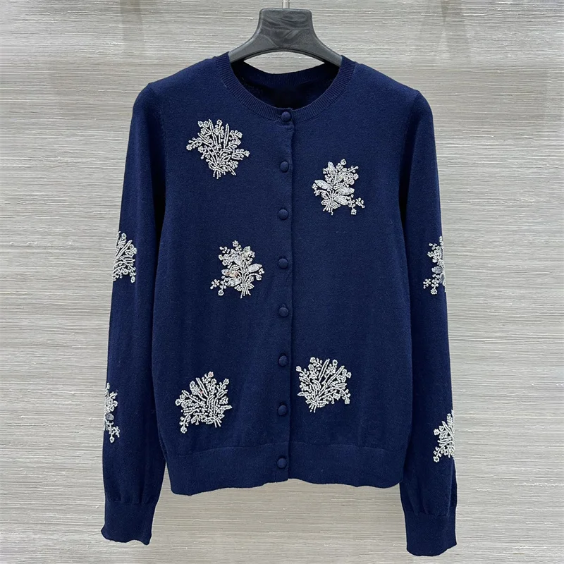 

Cardigan for women New handmade bead round neck long sleeved top for summer 2025 Elastic knit slim fit women's sweater Knitwear