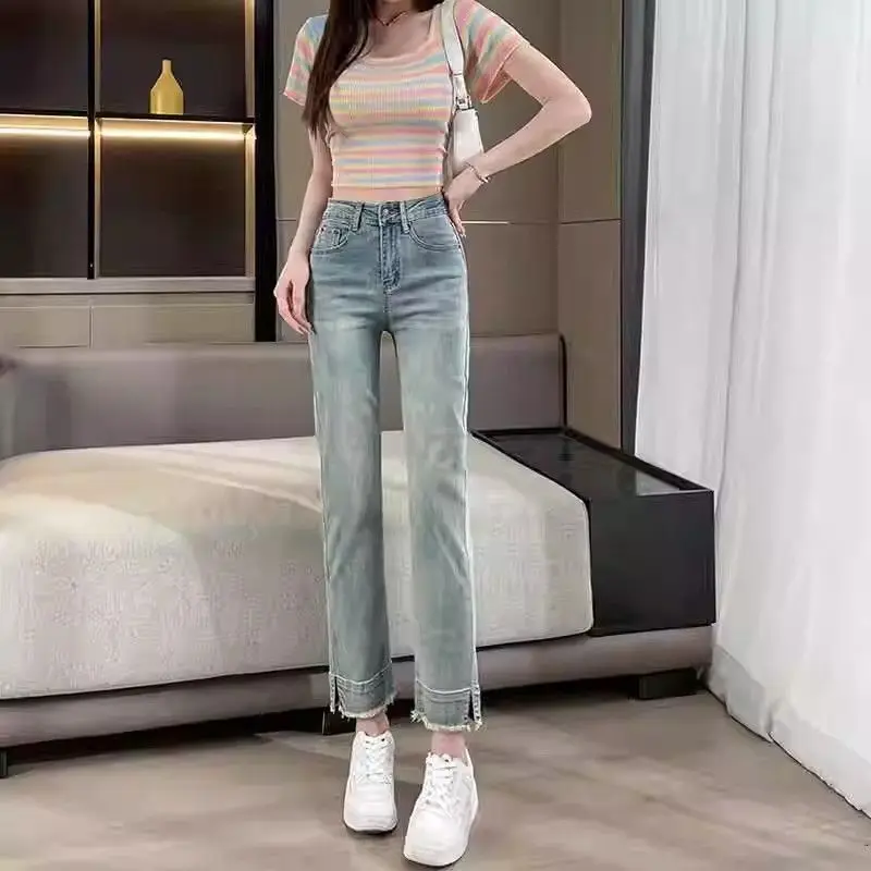 Jeans met hoge taille en rechte pijpen Dames lente herfst nieuwe Sle afslankende negen punten lichte kleur klein formaat e-buisbroek
