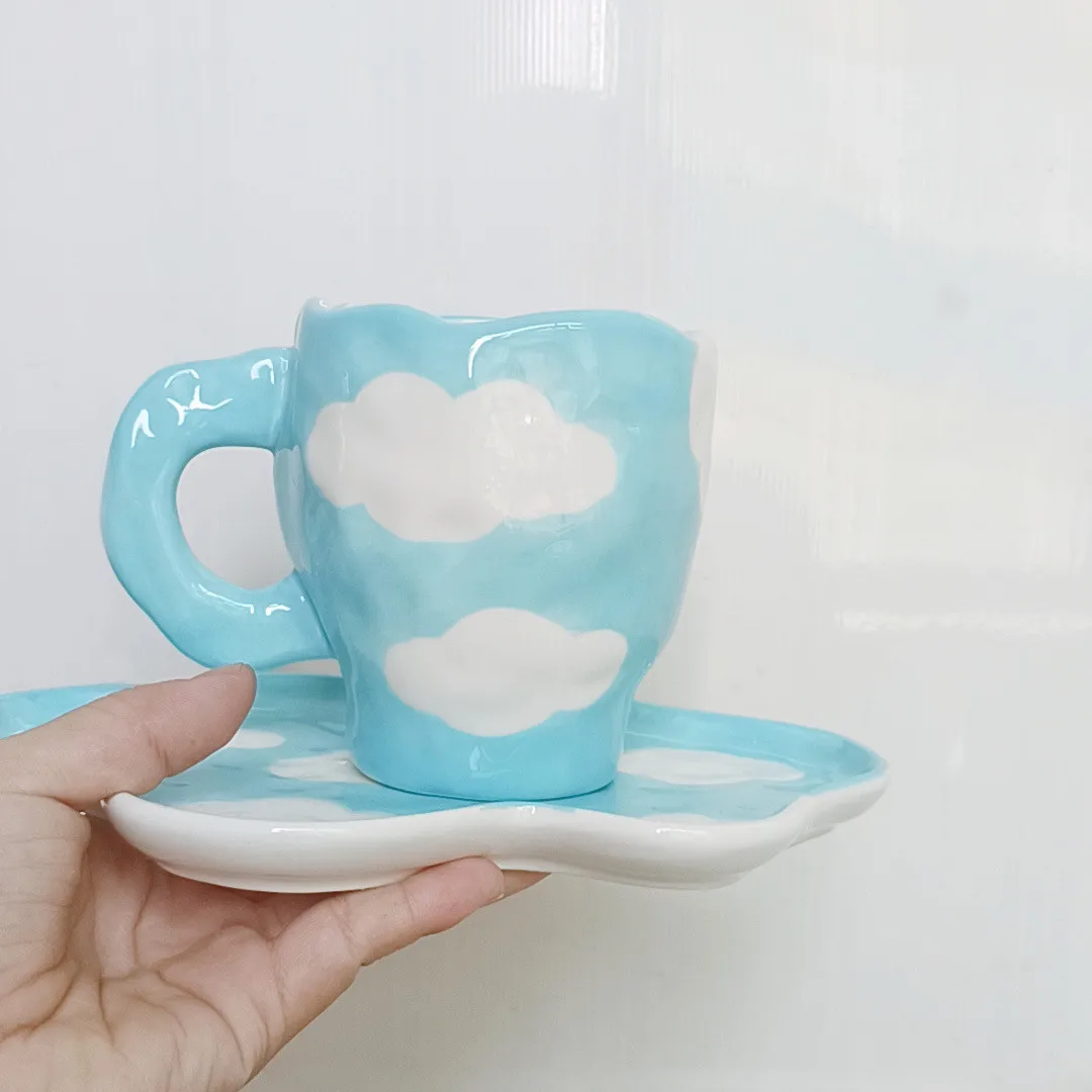 

NEW INS Ceramic Hand painted blue sky and white clouds coffee mugs Afternoon tea snack plate breakfast milk water cup office