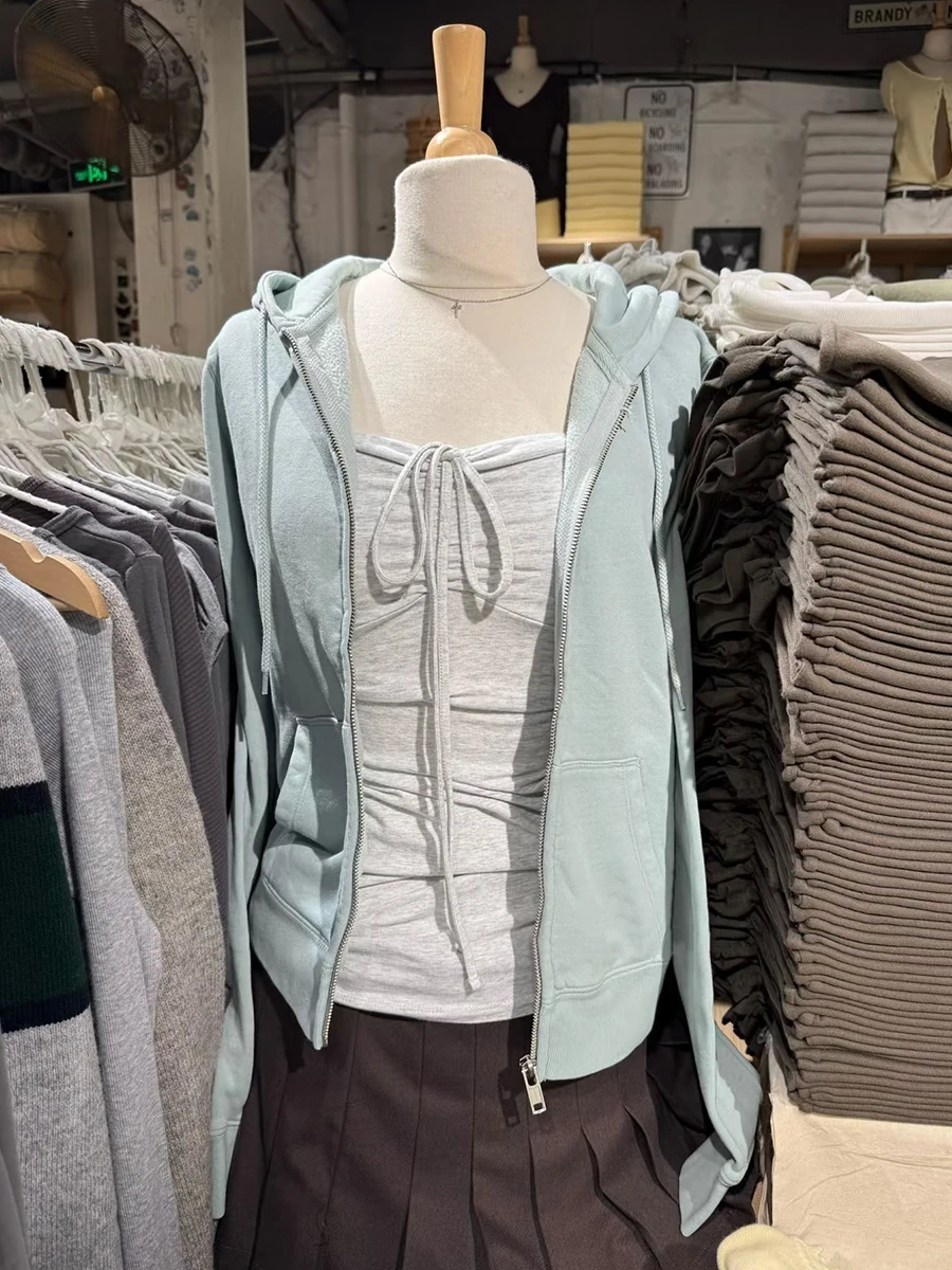 

Mint Green Sweet Zip-up Hoodie Woman Autumn Zipper Drawstring Hooded Long Sleeve Cotton Sport Sweatshirt Slim Hoodies Y2k Tops