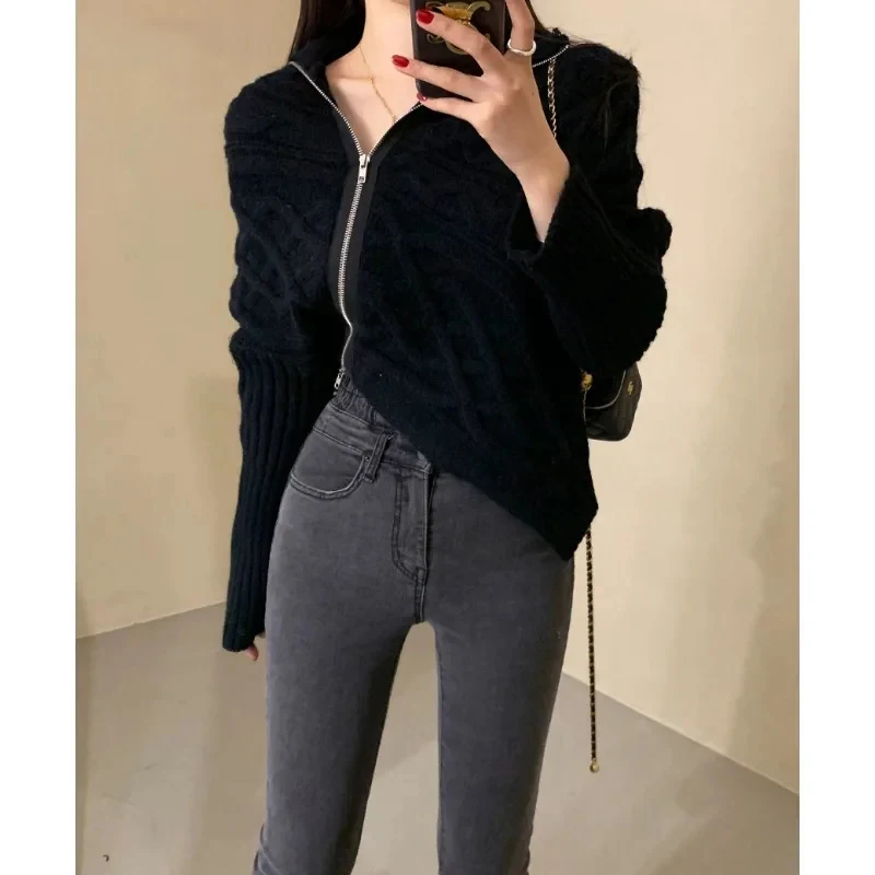 

2023 Autumn Winter Office Lady Knitting Long Sleeve Casual Cardigans Women's Fashion Zipper Solid Black Loose Fit Sweater Top