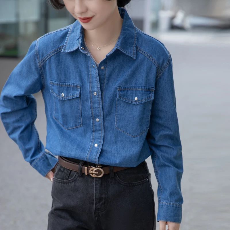 

2023 Spring New Korean Vintage Long-sleeved Fashion Blue Women Denim Shirt Tops Z046