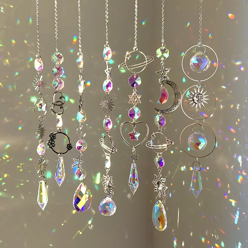 Hanging Crystal Pendant Garden Suncatcher Wind Chimes Rainbow Prism Crystal Chain for Window Drop Bell Christmas Tree Home Decor