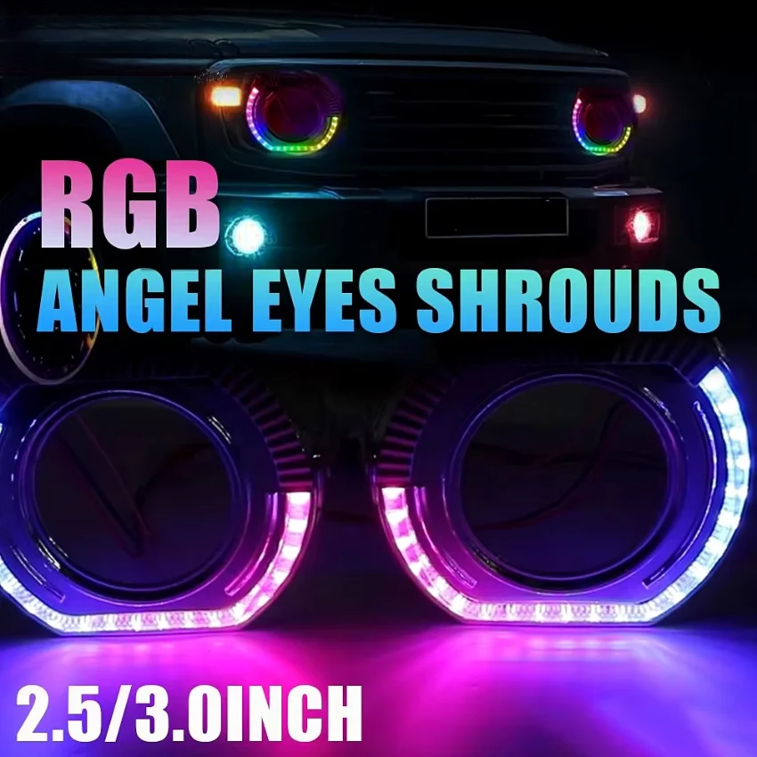2.5 / 3.0 Inch Revolving Dynamic LED Multicolor Angel Eyes Shrouds For Headlight Projector DRL APP Control Halo Covers