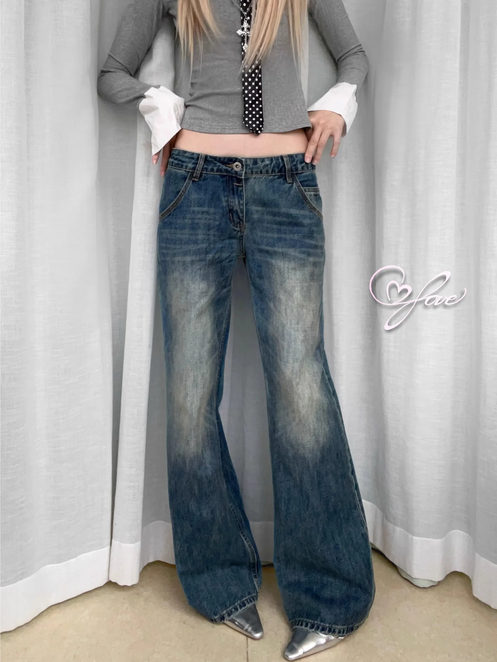 

Casper970 American Retro Street Waed Low Waist Straight Leg Bell Bot Jeans Women's Casual Faion Denim Pants