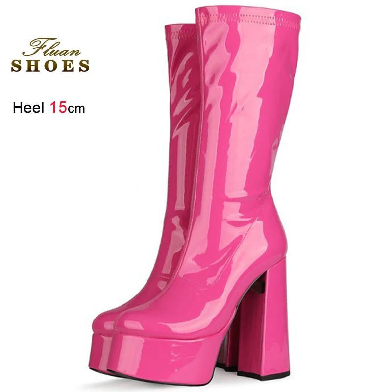 

New Autumn Rose Red Patent Leather Women's Knight Boots Thick Heels 15cm Platform Round Toe Side Zipper Ladies Mid-Calf Boots CD