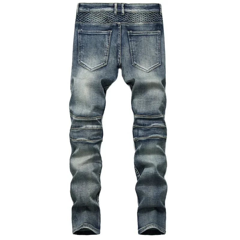 New Men\'s Patchwork Vintage Biker Jeans Hip Hop Slim Straight Elastic Cycling Denim Pants Male Fashion Streetwear Trouser