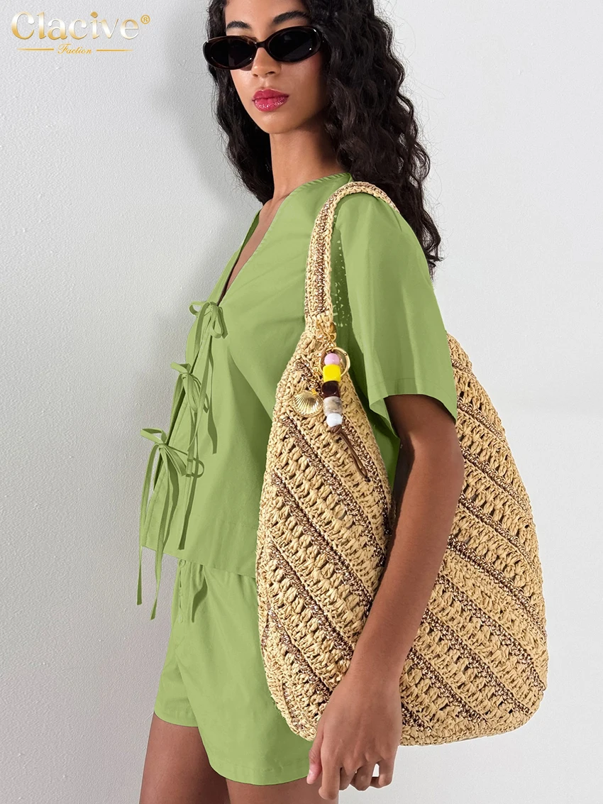 Clacive ฤดูร้อนหลวมผ้าฝ้ายสีเขียว 2 ชิ้นชุดผู้หญิงแฟชั่นเสื้อแขนสั้นเอวสูงชุดสั้นหญิง Streetwear