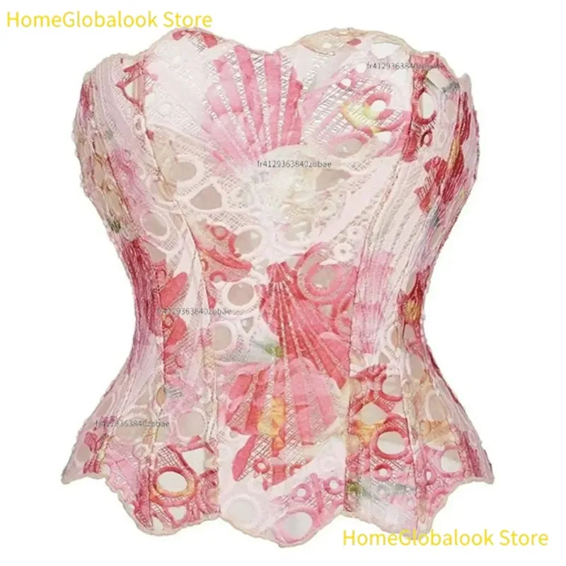 NEUES Sexy Hohles Blumen-Spitzen-Fischgrätenkorsett Ärmelloses Shapewear Bauchkontrolle Taillentrainer Schnür-Bustier Slim Fit Body Shaper für Frauen Streetwear Club Nacht Party Cosplay Kostüm