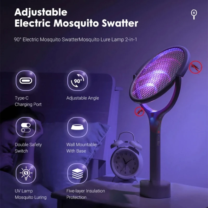 

5 In 1 Fast Charging Racket Kill Fly Bug Safety Insulated Battery Powered Lamp ABS Adjustable Electric Mosquito Swatter