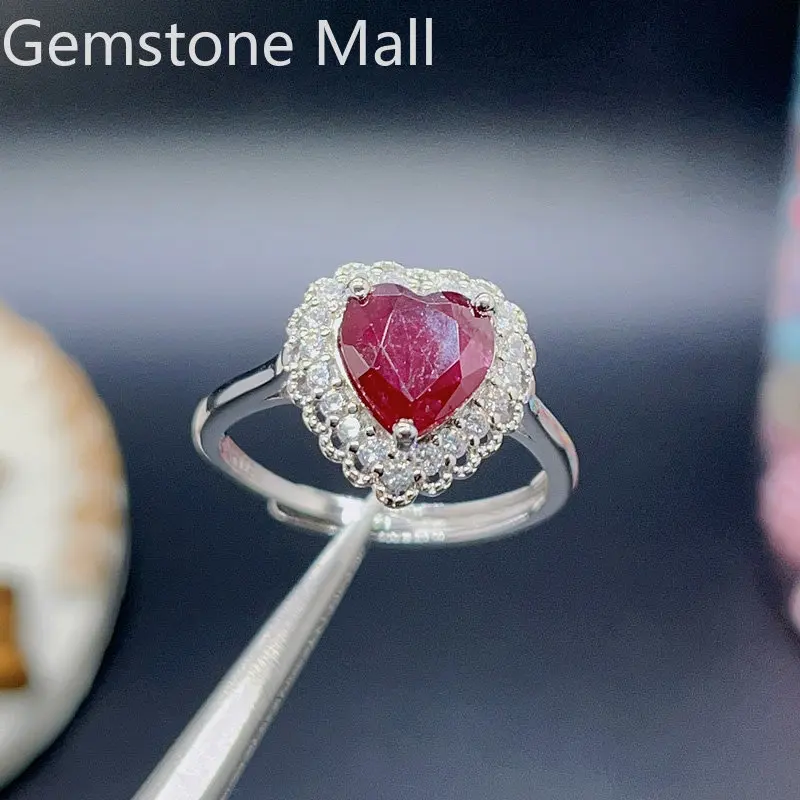 

1.5ct Natural Heated Ruby Ring for Engagement 8mm Heart Ruby Wedding 925 Sterling Silver Jewelry with Gold Plating