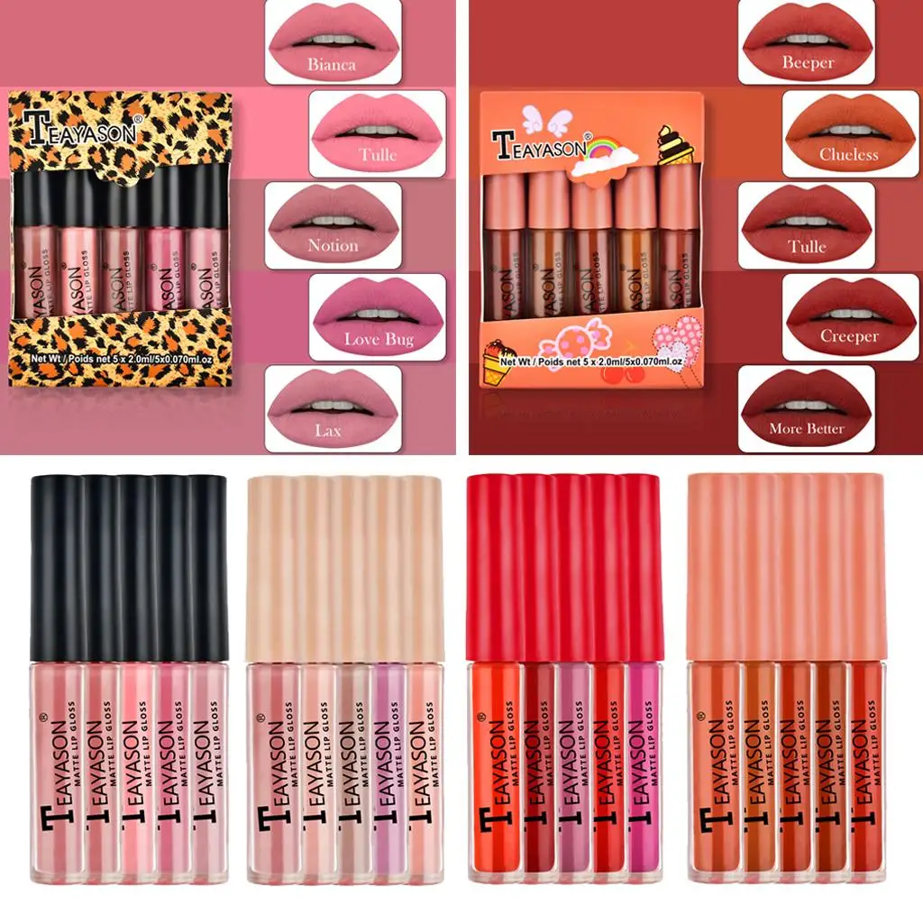 Lot de 5 coffrets de brillant à lèvres velours mat, rouge à lèvres liquide imperméable, teinture pour les lèvres