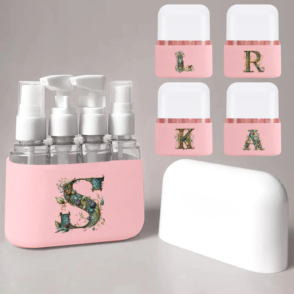 

4pcs Liquid Dispenser Bottle Set Graphic Letter Travel For Business Shampoo Cosmetic Essentials Initial Name 26 Letters Pattern