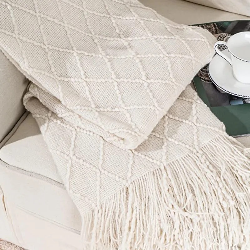 Nordic Style Cream White Knitted Blanket with Tassel - Decorative Throw for Bed Sofa Office Soft Nap Towel Plaid Christmas Gift