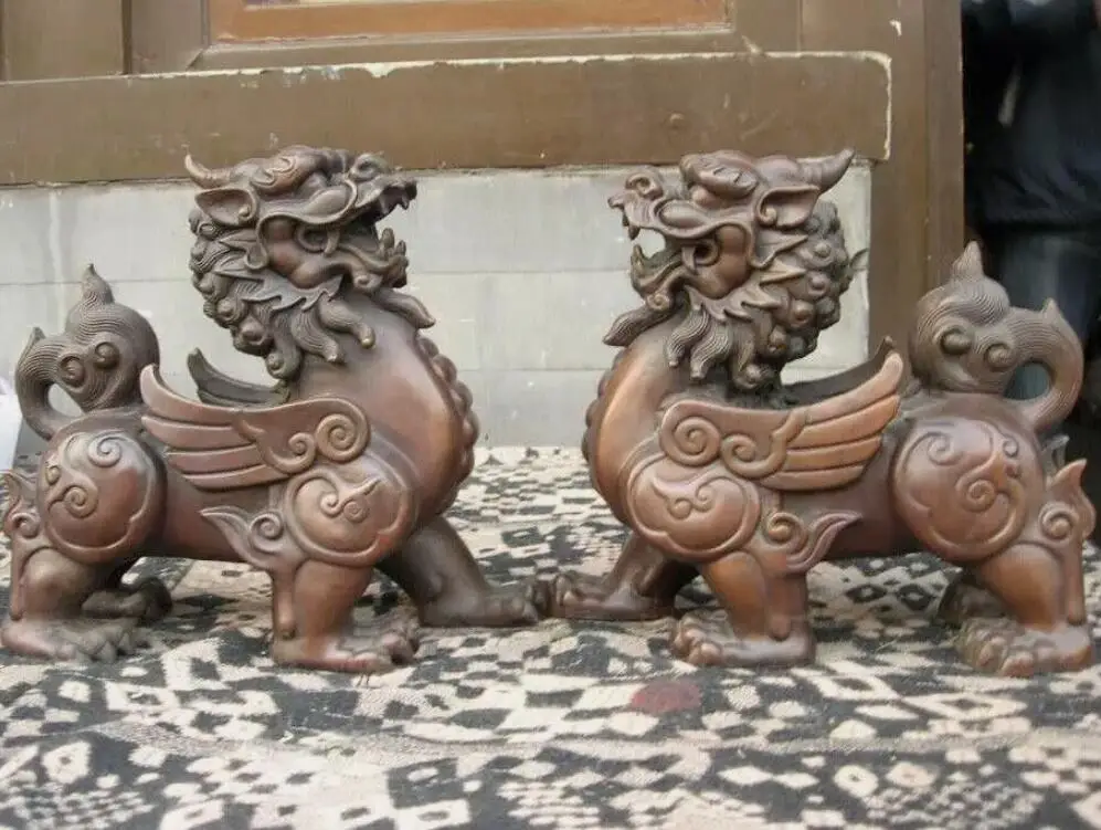 Chinese Bronze Copper Fu Foo Dog Lion Kylin Unicorn Pi Xiu Beast Statue A Pair