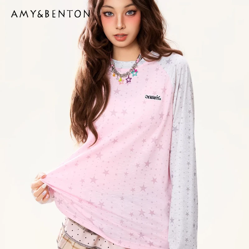 

Женская футболка с длинным рукавом в стиле ретро, с V-образным вырезом, полупрозрачная, с принтом звезд, новая модель Весна-Лето 2026