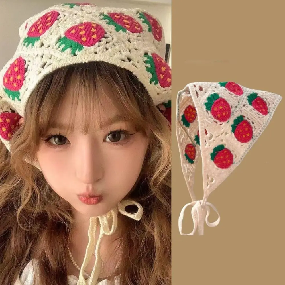 French Pastoral Style Triangle Headband Knitted Flower Strawberry Headscarf Hat Handmade Crochet Girls Headband Towel