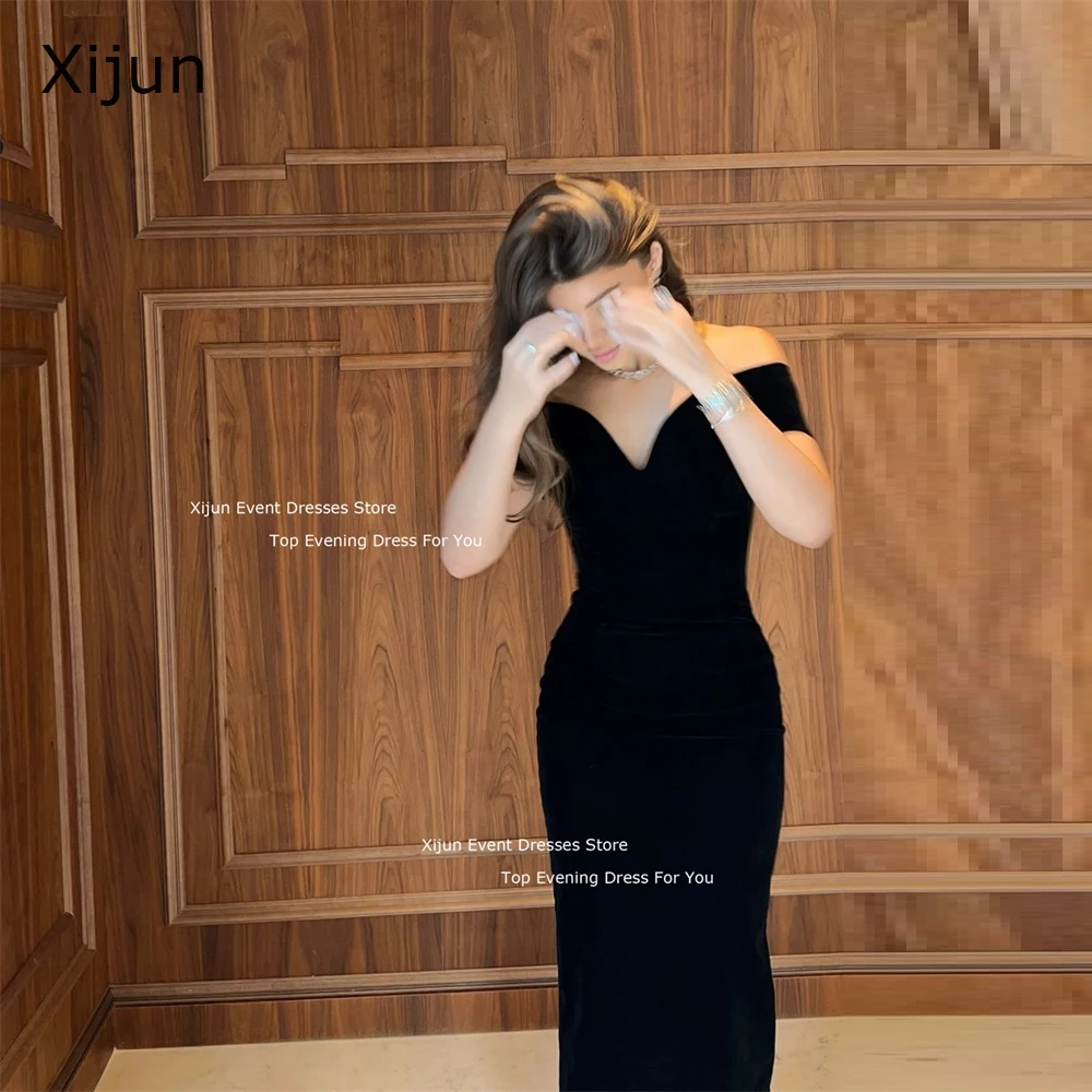 Xijun Black Velvet Mermaid Evening Dresses Saudi Arabric Simple Prom Dresses Sleeves Off The Shoulder V-Neck Prom Gowns 2025