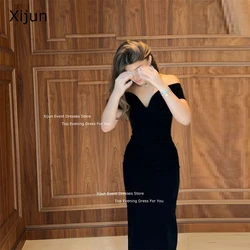 Xijun Black Velvet Mermaid Evening Dresses Saudi Arabric Simple Prom Dresses Sleeves Off The Shoulder V-Neck Prom Gowns 2025