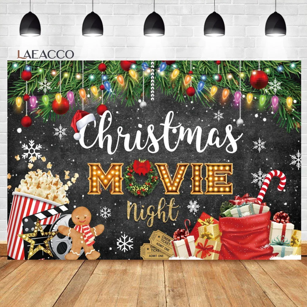 

Laeacco Christmas Movie Night Party Backdrop Winter Merry Xmas Pine Needles Snowflake Kid Portrait Custom Photography Background