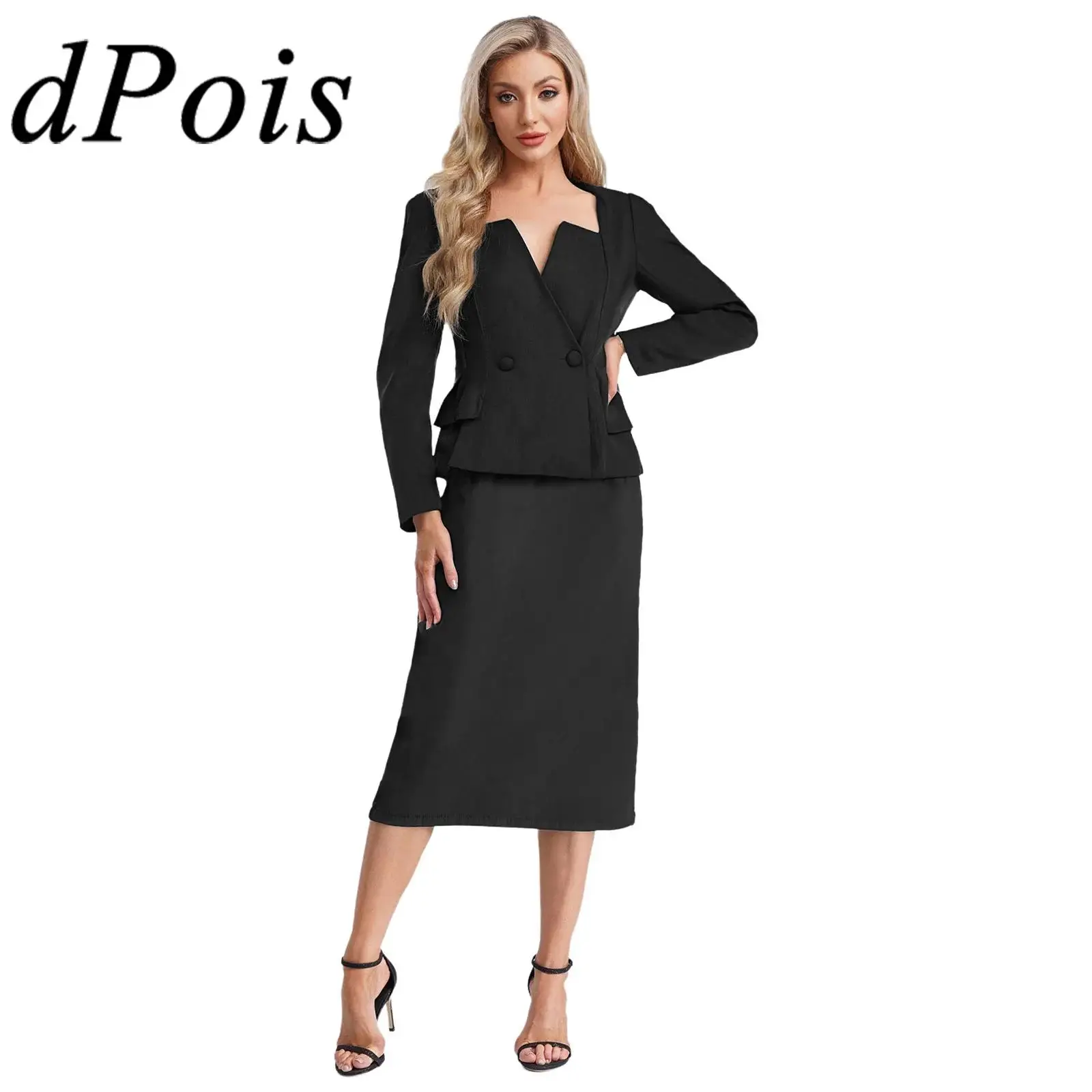 

Женский однотонный деловой костюм из двух предметов, топы с длинными рукавами и юбкой с разрезом, костюмы для работы, офиса, банкета, комплекты одежды