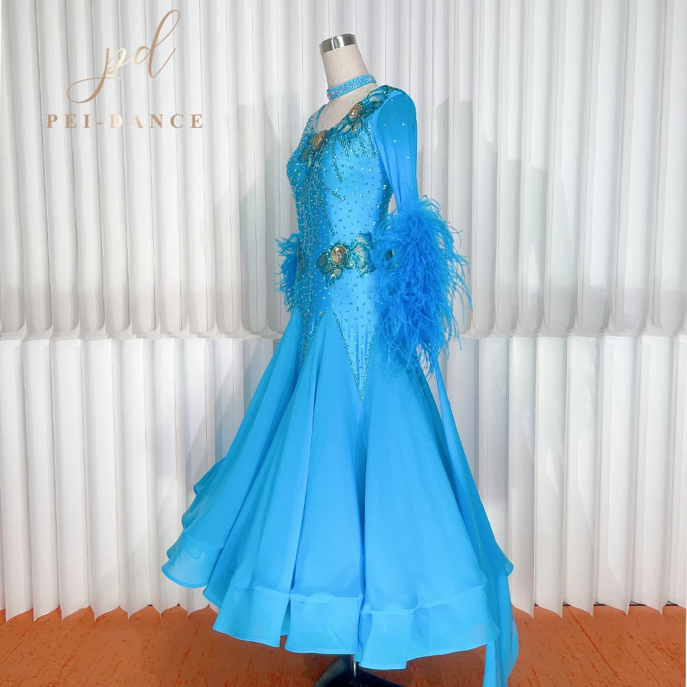 PEIDANCE 2023 New Arrival Lake Blue International Standard Ballroom Waltz Tango Fox Trot Modern Dance Dress For Competetion 1192