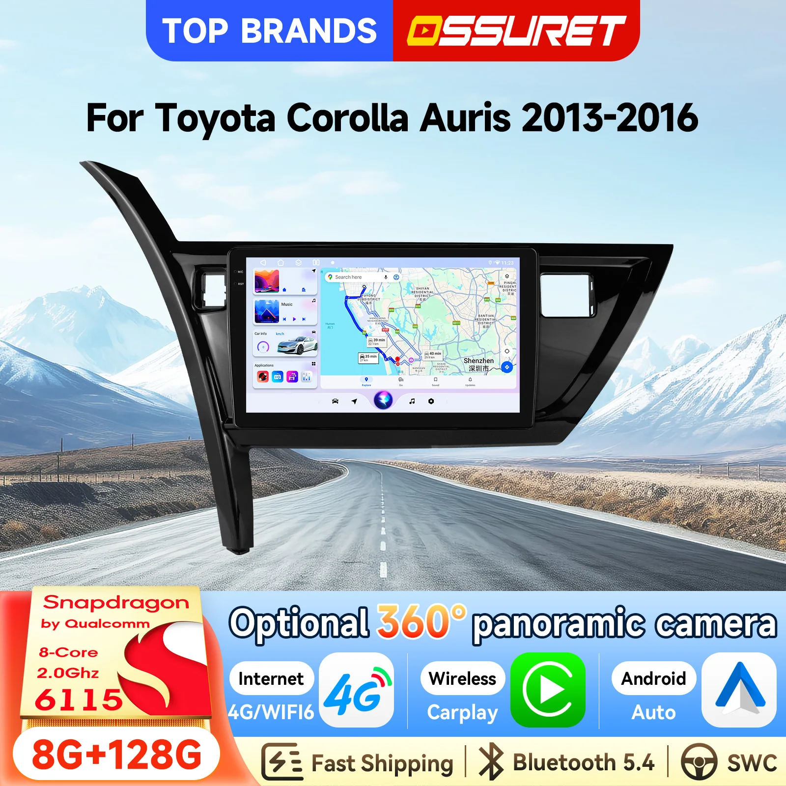 OSSURET Schnelle Lieferung 10,1 Zoll Android 14 Autoradio für Toyota Corolla Auris 2013-2016 Linkslenker mit Qualcomm Snapdragon 6115 Octa-Core GPS-Navigation Bluetooth SWC WiFi Wireless Carplay